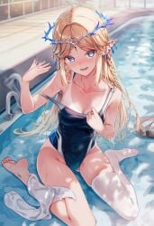 ai_generated breasts cartethyia_(wuthering_waves) feet female poolside raaicave sitting_on_floor small_breasts sweating_female swimsuit swimwear waving_hand wuthering_waves