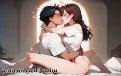 absurd_res ai_generated blizzard_entertainment brown_eyes brown_hair couple cute d.va facial_markings female hi_res highres hugging kissing long_hair overwatch ozziru patreon romantic self_upload sex straddling uncensored upright_straddle