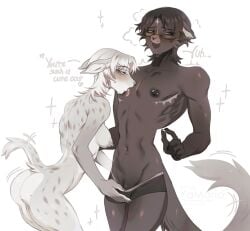2024 anthro ass black_body blush breasts canid claws clothing domestic_cat duo eyewear felid feline felis female genital_piercing genitals glasses grey_body hi_res hyena licking male mammal nipples nude open_mouth piercing roman_(yamorio) size_difference tail text tongue white_body yamorio