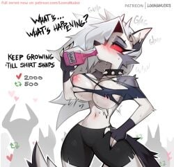 1girls anthro bare_breasts big_breasts blush breast_expansion breast_growth bursting_breasts clothed clothing color drinking english_text expansion female female_focus female_only fingerless_gloves furry furry_female growth growth_drive growth_sequence hand_on_hip hellhound helluva_boss hi_res large_breasts long_hair loona_(helluva_boss) loonanudes nipples no_bra red_eyes ripped_clothing shorts solo solo_female spiked_collar tagme text text_bubble thick_thighs torn_clothes wardrobe_malfunction white_hair wolf wolf_ears wolf_girl wolf_tail