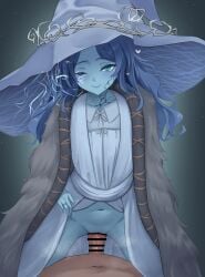1boy absurdres bar_censor blue_eyes blue_hair blue_hat blue_skin blue_theme censored colored_skin commentary_request elden_ring female hat heart highres kazami_windy long_hair navel one_eye_closed penis petite pussy ranni_the_witch solo_focus straight textless_version variant_set witch_hat
