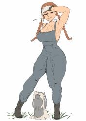 1futa 1girls boots braided_hair braids bucket bulge bulge_down_leg bulge_through_clothing cum farm farmer female futa_focus futa_only futanari gardener ginger gloves grass huge_cock in_mouth jeteggs large_penis milk_bucket original original_character overalls plant solo solo_female solo_focus solo_futa standing sweat sweating sweaty towel wiping_sweat working
