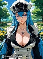 ai_generated akame_ga_kill! bangs big_ass big_breasts blue_eyes blue_hair booty breasts cleavage esdeath esdeath_(akame_ga_kill!) female female_only gorgeous large_breasts solo