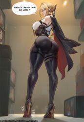 1girls 2d 2d_(artwork) ai_assisted artist_name ass bare_shoulders big_ass breasts clothed_female color curvy digital_drawing_(artwork) english_text erotic_nansensu evelyn_chevalier female female_focus female_only full_body high_heels jacket jacket_on_shoulders large_ass large_breasts light-skinned_female light_skin looking_away pants patreon_username skin_tight solo text thick_thighs thighs tight_clothing tight_fit tight_pants waiting watermark zenless_zone_zero