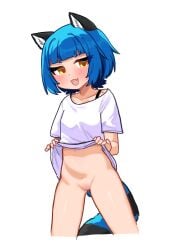 :3 absurdres animal_ears black_tail blue_hair blue_tail blush bottomless bra_strap breasts clothes_lift collarbone covering_crotch covering_privates cropped_legs eyelashes female highres idol_corp legs_apart lifting_own_clothes looking_at_viewer naughty_face navel oerba_yun_fang open_mouth poko_rakun pussy raccoon_ears raccoon_girl raccoon_tail ryoshi shirt shirt_lift short_eyebrows short_hair short_sleeves simple_background small_breasts smile solo standing stomach t-shirt tail v-shaped_eyebrows virtual_youtuber white_background white_shirt yellow_eyes