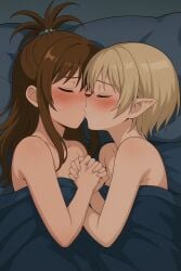 bare_shoulders bed blanket blonde_hair brown_hair brown_hair closed_eyes femboy_on_female gasper_vladi high_school_dxd holding_hands kissing nude pointy_ears to_love-ru yuuki_mikan