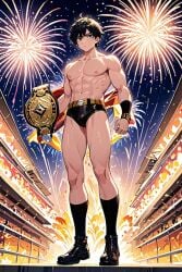 1boy 2024 abs ai_generated arena arm_wraps belly belly_button biceps bionicdragon2022 black_boots black_hair black_hair_female black_shoes black_trunks broad_shoulders bulge bulge_through_clothing championship_belt clothed clothed_male clothes clothing crowd crowd_watching entrance fireworks gold_(metal) holding_object looking_aside male muscular muscular_arms muscular_legs muscular_male muscular_thighs navel night night_sky nipples original original_character tagme thick thick_bulge thick_hips thick_legs thick_thighs trunks wrestler wrestling wrestling_arena wrestling_boots wrestling_outfit wrestling_trunks