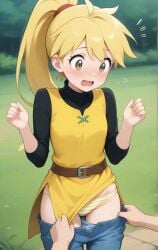 1girls assisted_exposure black_shirt blonde_hair blue_pants brown_hair china_dress dress_lift embarrassed exposed_panties jeans long_hair looking_down panties pants_pull pokemon_adventures pokemon_special ponytail striped_panties turtleneck underwear yellow_(pokemon) yellow_tunic