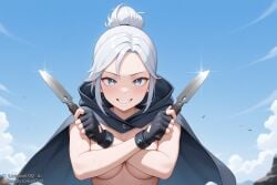 1girls ai_generated blue_eyes boosty_username breasts female female_only jett_(valorant) kirill782 knife long_hair looking_at_viewer riot_games smirk stable_diffusion telegram_username upper_body valorant watermark white_hair