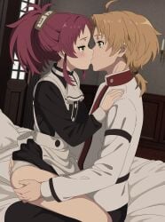 1boy absurdres aisha_greyrat brother_and_sister brown_hair commentary commentary_request eufoniuz eye_contact female green_eyes highres incest kissing long_sleeves looking_at_another maid mole mole_under_eye mushoku_tensei panties ponytail red_eyes rudeus_greyrat sex shirt short_hair siblings straight thighs underwear white_panties white_shirt