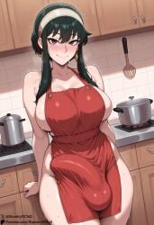 1futa ai_generated blush bulge bulge_through_clothing erection_under_clothes futanari huge_balls huge_breasts huge_cock large_breasts looking_at_viewer naked_apron seductive self_upload sideboob smile spy_x_family starskyai steaming_body sweat yor_briar yor_forger
