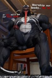 2025 3d_(artwork) abs absurd_res balls belly big_breasts big_penis black_body breasts chair clothed clothing commanding_viewer dialogue digital_media_(artwork) dominant english_text erection faceless_character faceless_male furniture genitals hi_res human humanoid imminent_sex larger_male long_tongue low-angle_view male mammal marvel musclegut muscular muscular_male not_furry nude on_chair open_mouth partially_clothed pecs penis porkingmane raised_foot sitting sitting_on_chair size_difference solo spread_legs spreading symbiote talking_to_another talking_to_partner talking_to_viewer teasing teeth text tongue tongue_out underwear underwear_down venom_(marvel) watermark