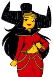 big_breasts black_hair black_hair_female breasts dirty_platypi female hair lego lego_monkie_kid lipstick long monkie_kid princess_iron_fan raising_shirt red_clothes red_clothing suggestive suggestive_look suggestive_pose suggestive_smile villainess yellow_skin yellow_skinned_female
