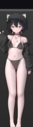 1girls 3d 3d_model armwear bikini bikini_bottom bikini_top black_bra black_hair black_nails black_panties black_swimsuit blender blender_(software) blush blushing_at_viewer blushing_female breasts cat_ears choker female female_focus female_only hat looking_at_viewer necklace pink_eyes short_hair small_breasts small_hands smaller_female smile smiling swimsuit thigh_gap thighs waving
