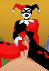 ai_generated batman:_the_animated_series batman_(series) dc dc_comics from_below harley_quinn harley_quinn_(classic) looking_at_viewer looking_down penis precum rear_view warner_brothers