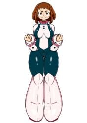 bodysuit boots breasts brown_eyes brown_hair female kuchibasi2001 my_hero_academia nipples_visible_through_clothing ochako_uraraka ochako_uraraka_(hero_outfit) smile thigh_gap wrist_guards