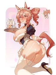 2girls alternate_costume animal_ears ass baobao771100 breasts brown_hair chibi cleavage commentary_request enmaided female garter_straps gradient_background highres horse_ears horse_girl horse_tail large_breasts looking_at_viewer maid maid_headdress multiple_girls norn_ace_(umamusume) object_insertion oguri_cap_(umamusume) pink_background sex_toy side_ponytail tail thighhighs two-tone_background umamusume umamusume:_cinderella_gray uncensored vaginal_object_insertion vaginal_penetration vibrator white_background white_garter_straps white_thighhighs