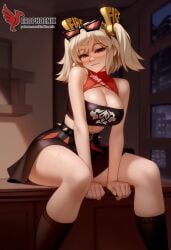 1girls 2d ai_generated ass back bangs bare_shoulders barefoot big_ass big_breasts black_panties blonde_hair burnice_white cleavage dress erophoenix feet female female_focus full_body long_hair looking_at_viewer navel pale_skin pale_skinned_female panties patreon_username red_eyes sitting skirt smile soles solo sports_bra thick thick_thighs toes twintails uncensored underwear zenless_zone_zero