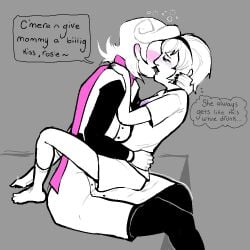 2girls blush clothed dialogue drunk exclipsensfw female girl_on_girl gray_background homestuck incest intoxicated kissing lesbian lesbian_kiss mom_lalonde mother_and_daughter ms_paint_adventures pink_scarf rose_lalonde soldierexclipse white_clothing yuri