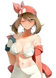 1girls ariekochan artist_name bandana blue_eyes blush bra breasts brown_hair brown_hair_female cleavage commentary english_commentary english_text female female_focus female_only gloves highres lace looking_at_viewer may_(pokemon) one_eye_closed open_clothes pokemon pokemon_rse red_bandana red_shirt shirt shorts smile smiling solo underwear watermark white_bra white_shorts