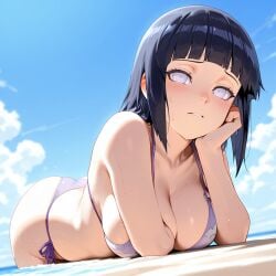 2025 ai_assisted ai_generated artist_name beach bikini black_hair blue_sky blunt_bangs blush breasts cleavage day female hi_res high_quality high_resolution hyuuga_hinata large_breasts looking_at_viewer lumis_art naruto naruto_(series) naruto_shippuden outdoors parted_lips patreon purple_bikini purple_hair side-tie_bikini_bottom sky solo swimsuit