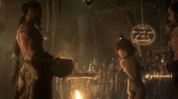 2boys :o a_song_of_ice_and_fire absurdres ahoge blush bowl brown_hair cat_baguette_(popopoka) completely_nude copyright_request covering_chest covering_privates female female_pubic_hair flat_chest freckles golden_week hair_between_eyes highres holding holding_bowl indoors khal_drogo multiple_boys nipples nude original people popopoka pubic_hair screenshot_inset short_hair sophie_(popopoka)