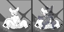 2:1 absurd_res anthro blush bodily_fluids breasts cum duo female genital_fluids genitals hi_res inschaal invisible looking_pleasured male male/female masturbation on_ground pawpads penetration penile penile_penetration penis pussy rain_world slugcat survivor_(rain_world) videocult watcher_(rain_world)