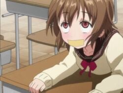 animated bent_over_desk blush bondage brown_hair denpa_onna_to_seishun_otoko desk doggy_style female from_behind from_behind_position gag gagged implied_sex mifune_ryuuko offscreen_sex on_desk red_eyes school_desk school_uniform sexually_suggestive tape tape_gag taped_mouth