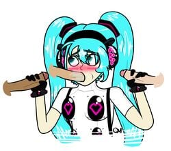 3boys blue_eyes blue_hair blush clothed double_handjob fellatio female foursome gloves hair handjob hatsune_miku headphones humanoid multiple_boys multiple_penises oral penis persona persona_4 persona_4:_dancing_all_night quackmeister saliva solo_focus thick_eyebrows tied_hair twintails vocaloid