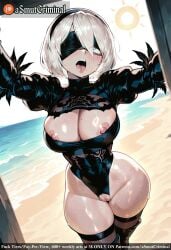ai_generated asmutcriminal beach black_blindfold black_hairband black_legwear blindfold boots breasts clothing_cutout feather-trimmed_sleeves feather_trim female gloves hairband highleg highleg_leotard horizon juliet_sleeves leotard long_sleeves mole mole_under_mouth nier:_automata nipples ocean open_mouth pod_(nier_automata) puffy_sleeves pussy sand shiny_skin short_hair silver_hair skindentation solo sweat tagme thick_thighs thigh_boots thighhighs thighhighs_under_boots thighs torn_clothes torn_leotard water white_leotard yorha_2b yorha_no._2_type_b
