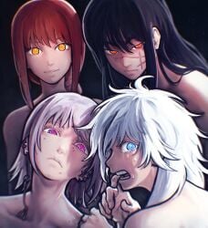 4girls black_hair chainsaw_man death_devil fami_(chainsaw_man) female long_hair looking_at_viewer makima_(chainsaw_man) mitaka_asa nominoparadox nude nude_female siblings sisters white_hair yoru_(chainsaw_man)