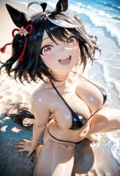 ai_generated animal_ears animal_tail black_bikini black_hair breasts female hair_ornament horse_girl kitasan_black_(umamusume) looking_at_viewer red_eyes shiny_skin two_tone_hair umamusume umamusume_pretty_derby