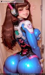 ai_generated arched_back ass bangs bodysuit breasts brown_hair cuckingmama d.va_(overwatch) facial_mark female flying_sweatdrops food headphones lips long_hair overwatch ribbed_bodysuit ribbed_sweater sitting skin_tight smile solo tagme trembling turtleneck whisker_markings