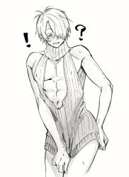 !? ?! alternate_costume blush cleavage_cutout clenched_teeth covering_self crossdressing dilf embarrassed fangs gegege_no_kitarou hair_over_one_eye hi_res kitarou_tanjou_gegege_no_nazo kngr_dappou male male_only masculine_crossdresser medama_oyaji_(human) solo sweat sweater sweater_dress toned toned_male turtleneck turtleneck_sweater virgin_killer_sweater