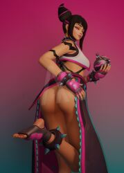 1girls asian asian_female ass ass_focus black_hair blender blizzard_entertainment body_markings butt_focus colored_nails cosplay feet feet_up gloves gradient_background heterochromia holding_object juri_han_(cosplay) juri_kiriko kiriko_(overwatch) lipstick looking_at_viewer looking_back overwatch overwatch_2 simple_background skin skirt solo solo_female spiked_bracelet spiked_collar spikes street_fighter street_fighter_6 the_michael watermark
