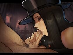 1boy 1girls black_hair blowjob fellatio female fluffydango guilty_gear guilty_gear_strive hat highres light-skinned_female light_skin penis straight tagme testament_(guilty_gear)