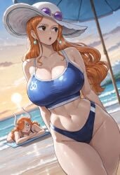 2025 2girls absurd_res absurd_resolution absurdres ai ai_generated athletic athletic_female beach beach_umbrella big_breasts bikini blurry_background breasts clothing curvy curvy_body curvy_female dusk eyewear_on_head female female_focus female_only highres horizon horns huge_breasts large_breasts long_hair looking_away nami_(one_piece) one_piece orange_hair original sand sea smokeye straw_hat sunglasses sweatdrop swimsuit tank_top thick_thighs thighs unaware underwear waves wide_eyed wide_hips