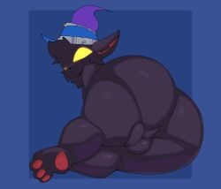 absurd_res anthro ass ball_squish balls big_balls big_butt black_body black_fur clothing digital_media_(artwork) fur genitals glowing glowing_eyes hi_res humanoid_genitalia league_of_legends looking_at_viewer looking_back lying male mammal on_side riot_games simple_background solo squish tencent thick_thighs veigar wide_hips woopyy yellow_eyes yordle
