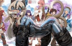 6+girls all_fours alterkyon animal_ear_fluff animal_ears ball_gag blonde_hair blue_blindfold blue_hair bodysuit bound bound_arms bound_legs breasts brown_hair cat_tail chiori_(genshin_impact) closed_eyes collar detached_collar dog_mask dress gag gagged genshin_impact highres human_dog kamisato_ayaka kirara_(genshin_impact) large_breasts latex latex_bodysuit leash medium_breasts multiple_girls multiple_tails open_mouth pet_play pink_hair pointing pointing_at_another purple_eyes purple_hair raiden_shogun red_eyes saliva sandals skin_tight tail teeth upper_teeth_only yae_miko