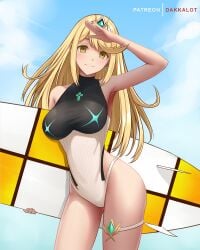 1girls black_swimsuit blonde_hair breasts clouds competition_swimsuit core_crystal dakkalot earrings holding_surfboard large_breasts long_hair looking_at_viewer multicolored_swimsuit mythra nintendo one-piece_swimsuit outside salute sky surfboard swimsuit thigh_strap tiara white_swimsuit xenoblade_(series) xenoblade_chronicles_2 yellow_eyes