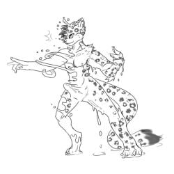 1:1 2012 anthro biped black_hair black_markings countershade_face countershade_torso countershading digitigrade erection feet felid fingers fur genitals goo_drip goo_transformation hair human_to_anthro leopard_spots male male_anthro mammal markings mid_transformation monochrome motion_lines mxl nipples nude pawpads pecs penis pupils simple_background slit_pupils smile solo species_transformation spots spread_legs spreading standing tail transformation white_background white_body white_countershading