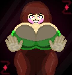 1girls against_glass big_breasts breasts brown_hair chara chara_(undertale) female female_only hands_against hands_against_glass huge_breasts legs looking_at_viewer massive_breasts pixel_art red_eyes screen self_upload undertale undertale_(series) wide_hips zixy
