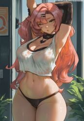 1girls 2d 2d_(artwork) ai_assisted arm_up artist_name breasts color curvy digital_drawing_(artwork) erotic_nansensu female female_focus female_only large_breasts light-skinned_female light_skin looking_at_viewer midriff mole mole_under_eye nicole_demara one_arm_up one_eye_closed panties patreon_username solo thick_thighs thighs watermark wide_hips zenless_zone_zero