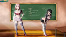 2girls black_hair bleach breasts cleavage crossover dankwart female female_only high_heels hourglass_figure human kuchiki_rukia kunoichi naruto pink_hair sakura_haruno school_uniform schoolgirl serafuku skirt stockings tagme thighhighs whale_tail