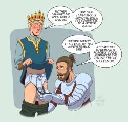 2boys blonde_hair blush brown_eyes brown_hair chastity chastity_cage chastity_device crown dominant_male domination english english_text eyes eyes_open gay gay_domination gay_male hair humiliation joseph_lockwood knight knight_armor male male/male male_focus male_only monarch original original_character penis prince submissive submissive_male text yaoi
