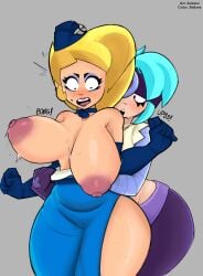 2girls aebaey ass big_ass big_breasts big_butt blonde_female blonde_hair blue_eyeshadow blue_hair blush boobs_out brawl_stars breasts breasts_out color color_edit colored dress dress_lift eyebrows eyelashes eyeshadow female hi_res high_flyer_lola_(brawl_stars) highres huge_ass huge_boobs huge_breasts large_ass large_breasts light-skinned_female light_skin lips lipstick lola_(brawl_stars) makeup mole mole_under_mouth nipples no_bra penny_(brawl_stars) pussy robotic_arm supercell sweat topless topless_female zelsxnn