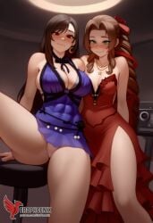 2d 2girls aerith_gainsborough ai_generated ass barefoot big_ass big_breasts blush bra couch dress erophoenix feet female female_focus final_fantasy final_fantasy_vii final_fantasy_vii_rebirth final_fantasy_vii_remake indoors jewelry large_breasts long_hair multiple_girls naked navel panties patreon_username purple_bra purple_panties red_bra red_eyes red_panties sitting small_breasts smile soles sweat sweating thick_thighs thighs tifa_lockhart underwear yuri yuri