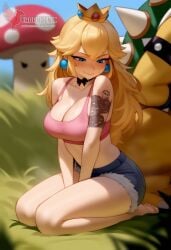 1girls 2d ai_generated ass back bare_shoulders big_ass big_breasts blonde_hair blue_eyes collar corrupted corruption crown day denim_shorts erophoenix evil_grin evil_smile female female_focus full_body fur_lined_shorts jewelry long_hair looking_at_viewer mario_(series) nintendo outdoors pale_skin pale_skinned_female patreon_username princess_peach shorts sitting sky smile solo sports_bra super_mario_bros. super_smash_bros. thick thick_thighs uncensored