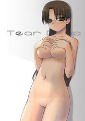 breast_hold breasts brown_eyes brown_hair covering covering_breasts glasses hair hoshina_tomoko large_breasts long_hair nude nude_cover pussy tan tanline to_heart to_heart_(series) tsuina uncensored wet