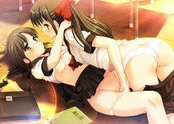 2girls ass bag blush book bow breasts brown_hair classroom copyright_request female fingering green_eyes hairbow hand_in_another's_panties hand_in_panties lens_flare long_hair lying multiple_girls no_bra on_back panties pleated_skirt ribbon school school_bag school_uniform serafuku short_hair skirt tougarashi_hideyu underwear white_panties yuri